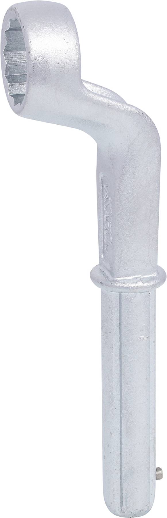 Silver-coloured, curved ring spanner, primarily used for turning nuts or bolts in hard-to-reach locations.