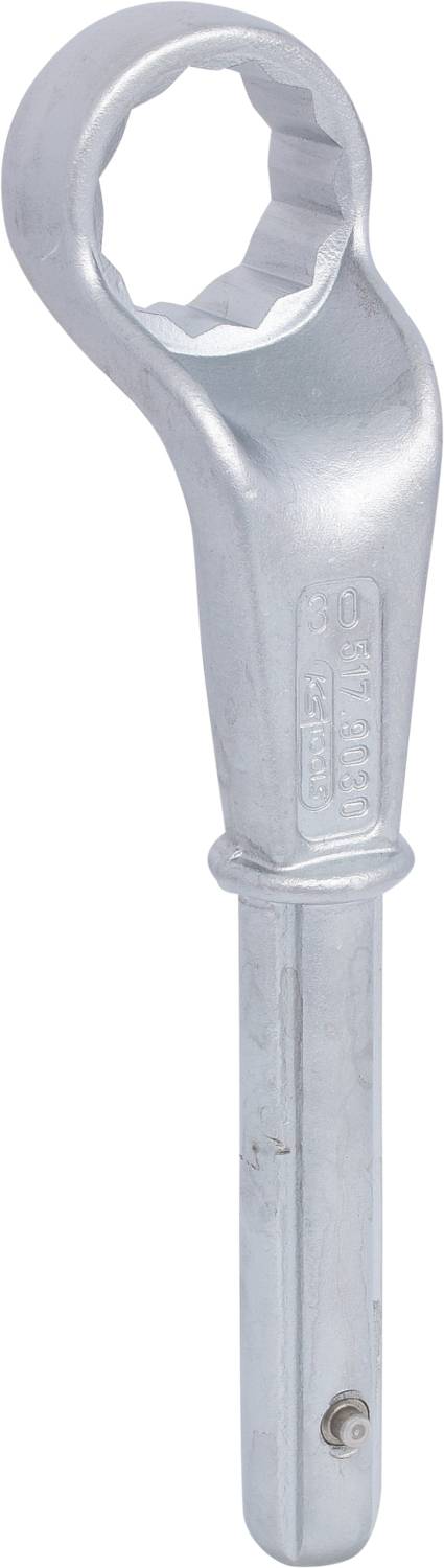 A silver ratchet spanner with a ring-shaped head and a short handle, suitable for mechanical work.