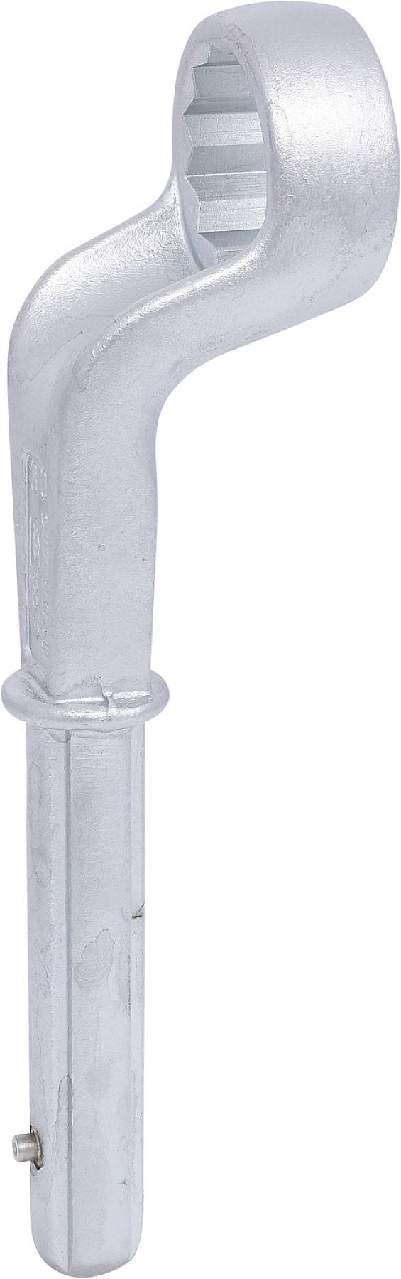 A silver bolt cutter with a handle and circular opening at the head, positioned against a white background. Suitable for cutting through metal bolts.