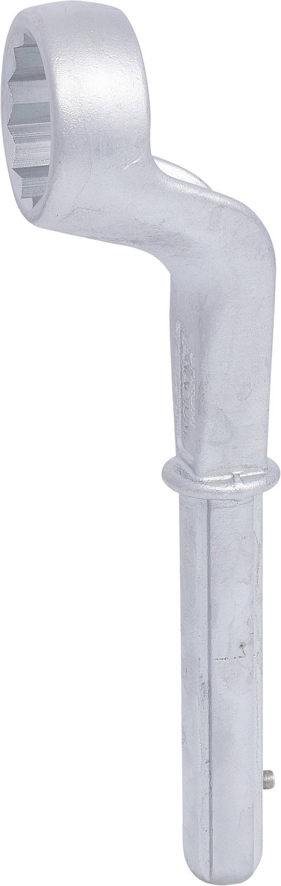 A silver torque wrench with a cranked handle, suitable for tightening bolts or nuts in hard-to-reach locations.