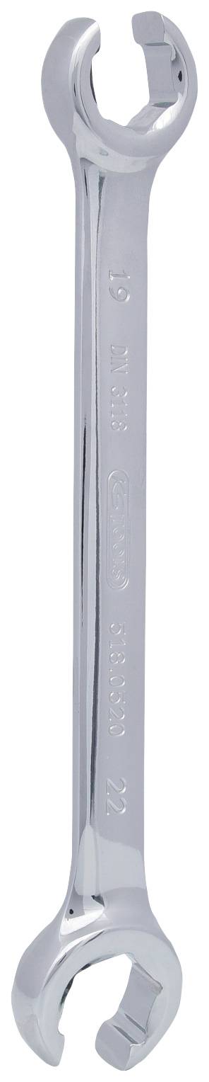 A shiny, silver open-ended spanner suitable for loosening and tightening screws of various sizes.