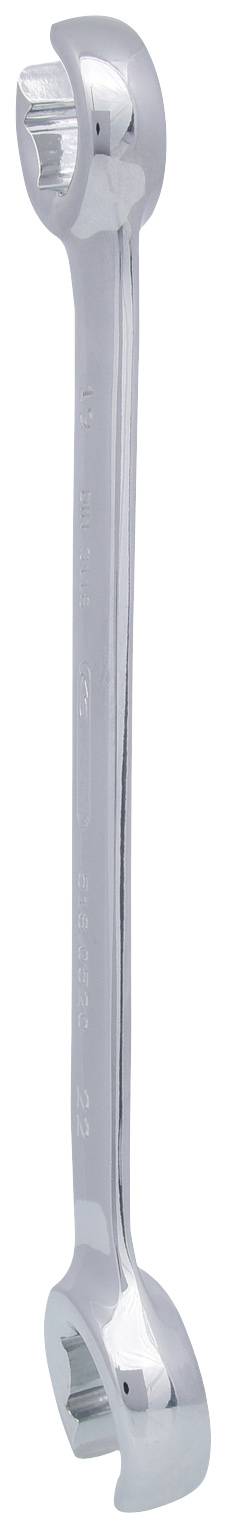 A chrome-plated ring spanner with two open ends on a white background.