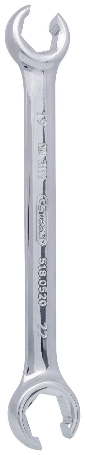A metal spanners, size 22 mm, with a polished surface. Tool for loosening or tightening screws and nuts.