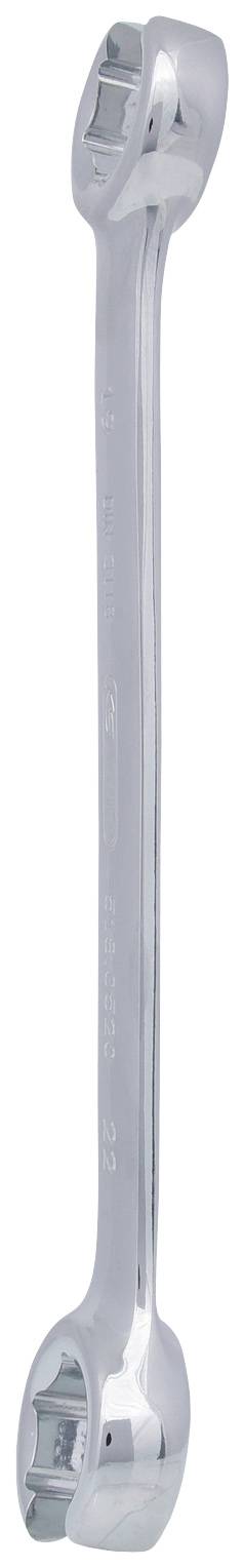 A silver-gleaming ring key with two open ends of different sizes.