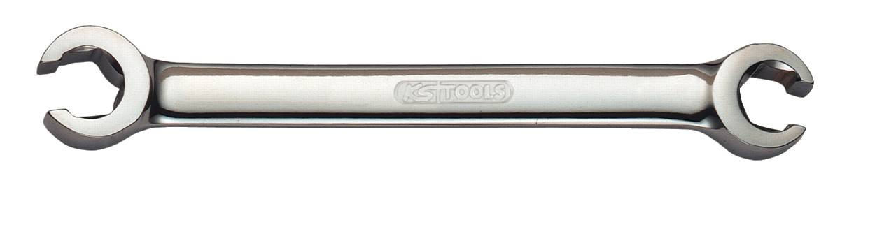 A silver spanner with two open ends of different sizes. Suitable for tightening or loosening nuts and bolts.