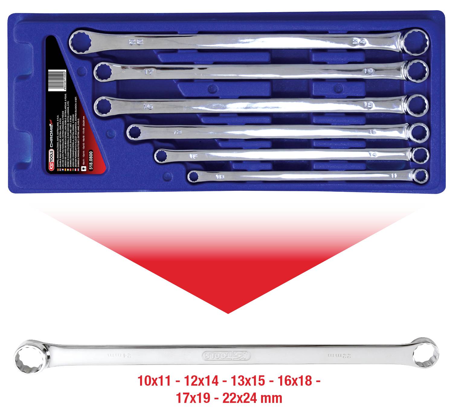 A set of six ring spanners in different sizes (10x11 to 22x24 mm) in a blue plastic holder.