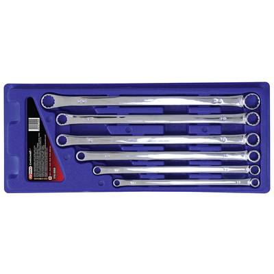 A set of six polished ring spanners in a blue tool holder. Sizes marked from 8 mm to 19 mm, neatly arranged.