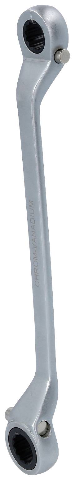 A silver ratchet ring spanner with two differently sized ends, having an angled shaft for better access to screws.