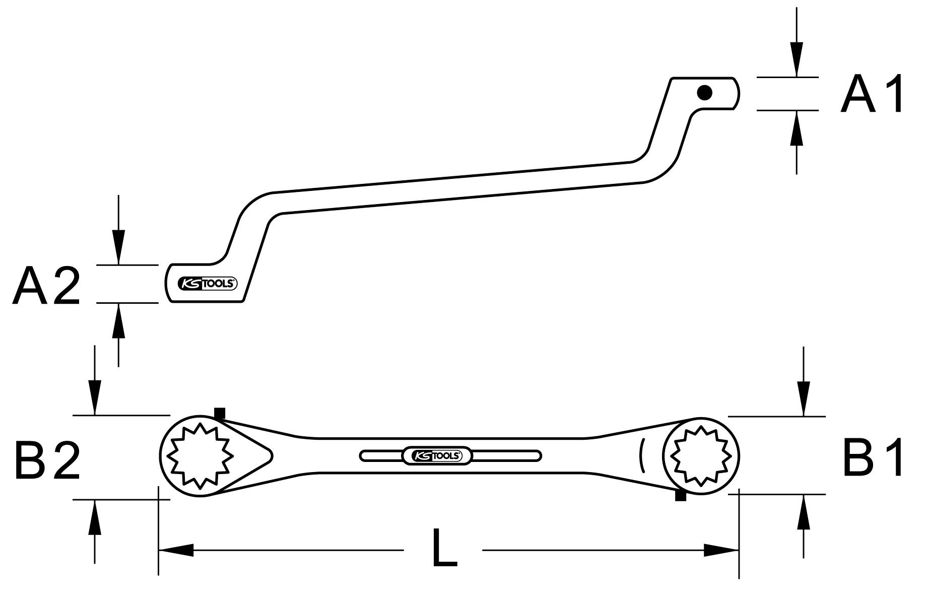 'Illustration of a ratchet spanner with dimensions: A1, A2, B1, B2 and L. Shows both the side and top view of the tool.'