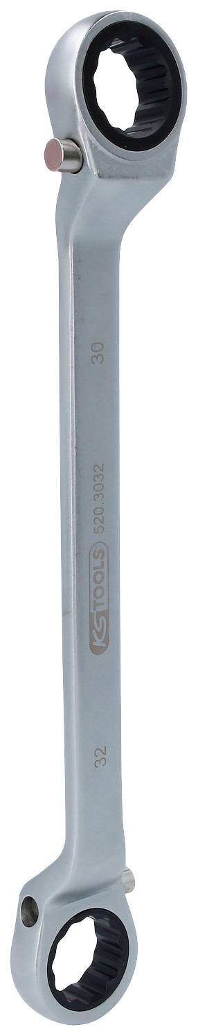 Metal ratchet spanner with two ends of different socket sizes, ideal for tightening or loosening screws.