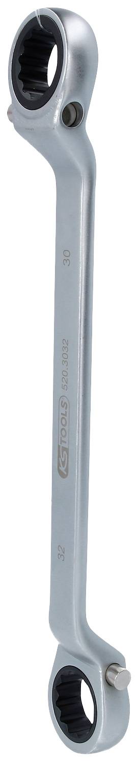 A silver socket wrench with a ratchet function, manufactured from metal, shows two hexagonal openings of different sizes at its ends.