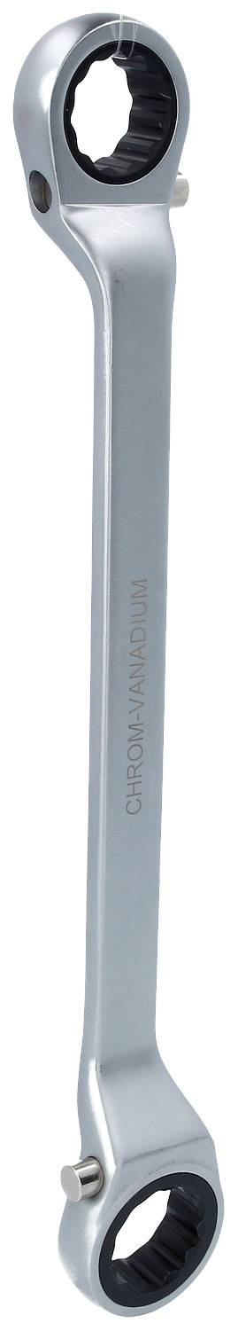 A silver double-ended spanner with a black ratchet mechanism at both ends, suitable for various screw sizes.