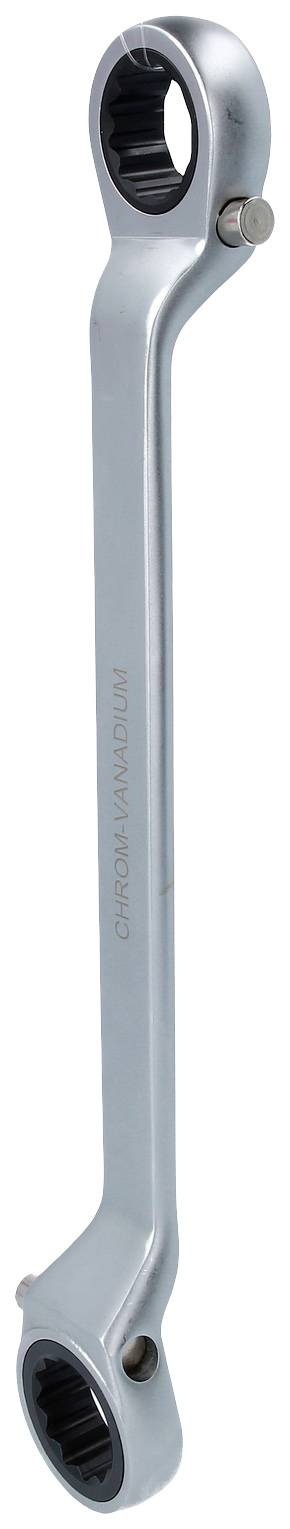 A silver ratchet ring spanner with two open ends, each having different sizes.