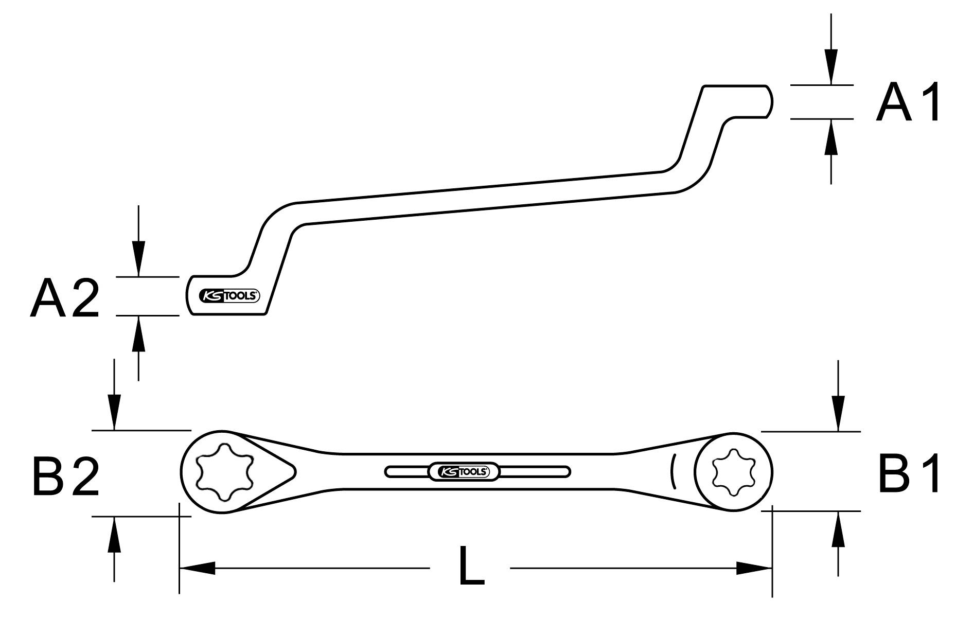 Drawing of a double-sided spanner with dimensions: A1, A2 for height, B1, B2 for width and L for length. Pivoting arm at the top.