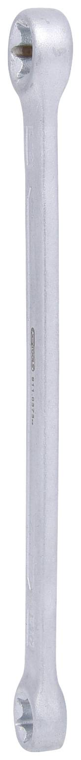 A silver spanner with two open ends, slightly angled.