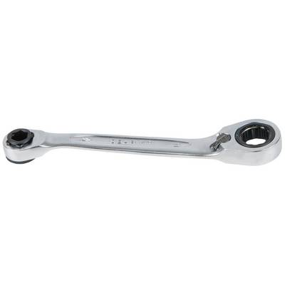 A silver ring spanner with a ratchet mechanism, suitable for tightening or loosening screws in confined spaces.
