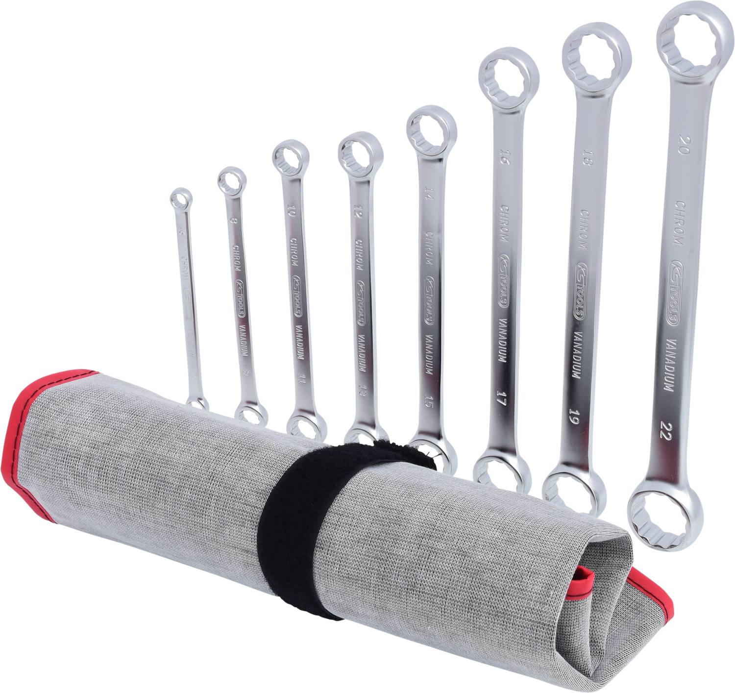 A set of nine spanners in descending size, lined up in front of a rolled-up grey tool bag with a red trim.