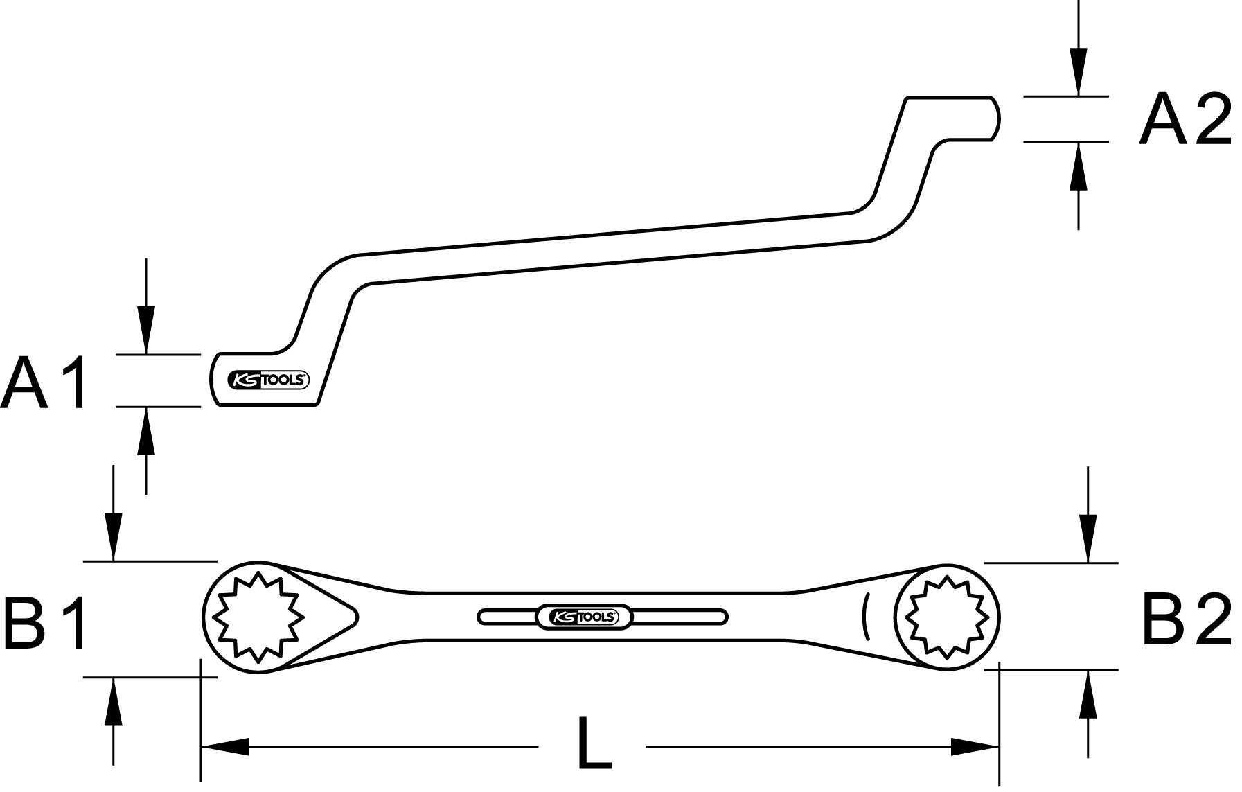 A curved ring spanner graphic with marked dimensions: A1, A2 indicate the height; B1, B2 the width; L is the length.