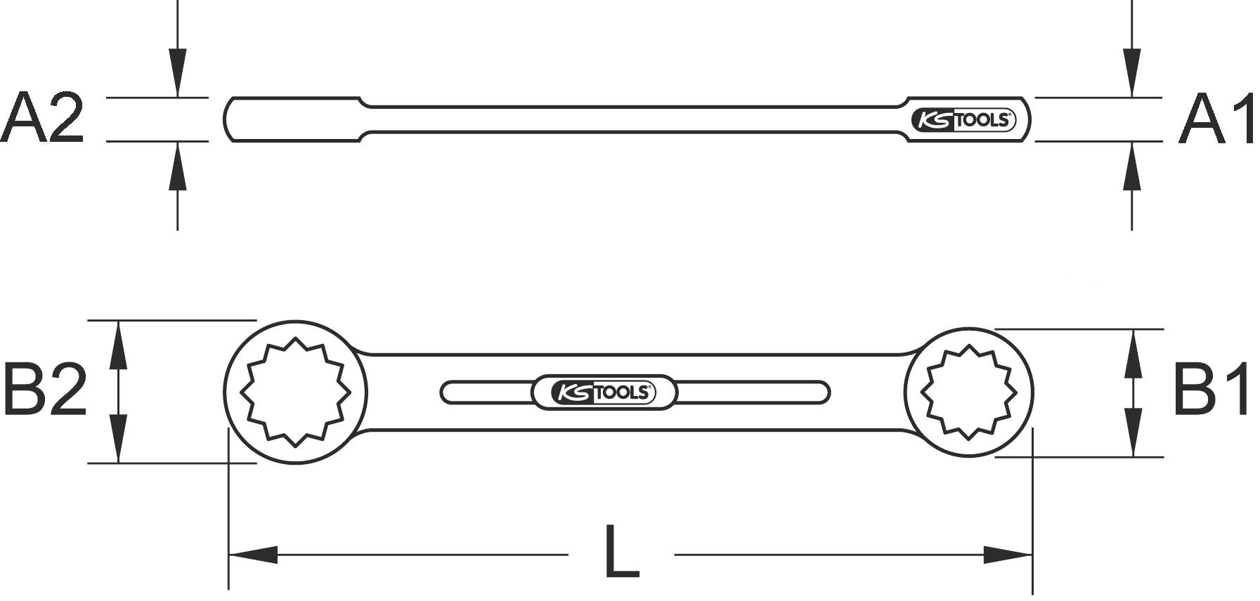 'Image of a double ring spanner with dimensions A1, A2, B1, B2 and length L. The KS Tools logo is visible.'