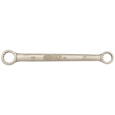'Metal double ring spanner with size markings of 12 and 10 on each end, brand name in the centre.'