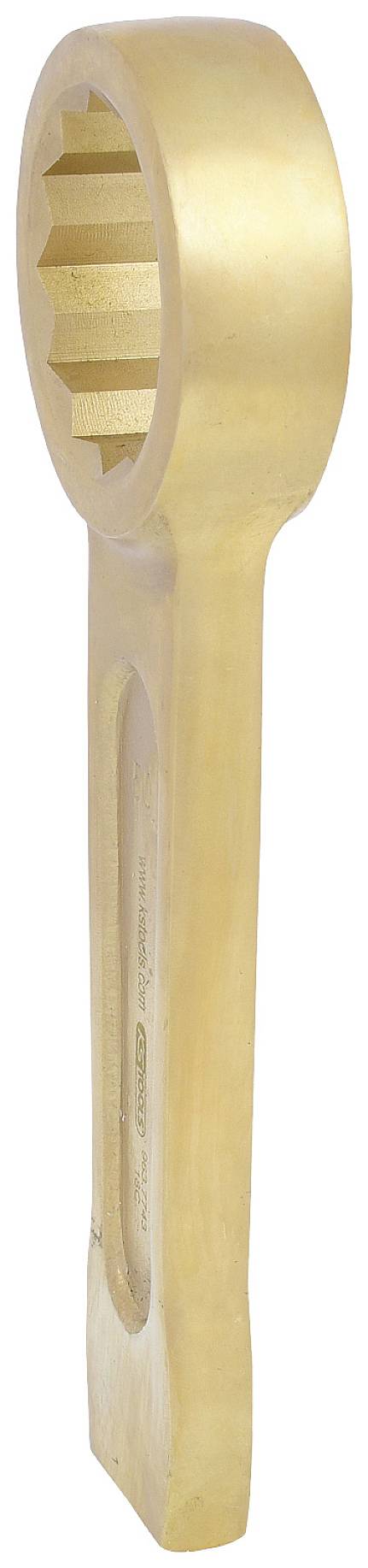 A golden ring key, long and robust, most likely made of metal, with a toothed inner ring, standing in a side view.