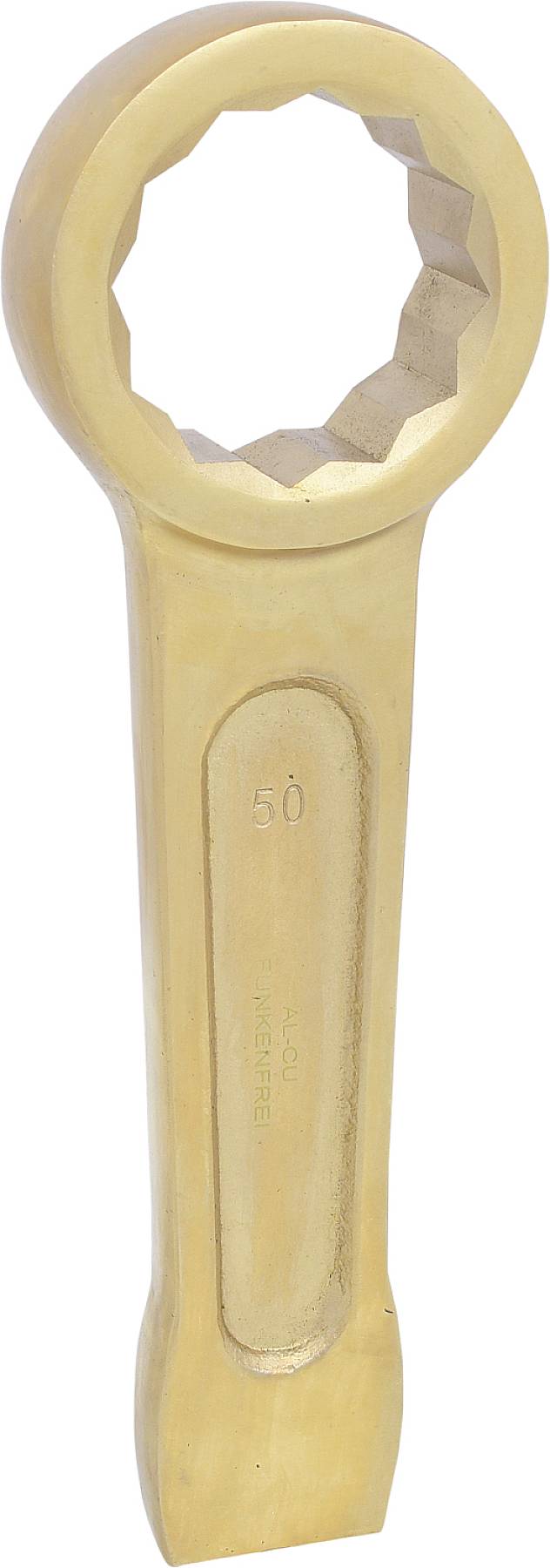 A large golden ring key with the marking '50' in the middle of the handle.
