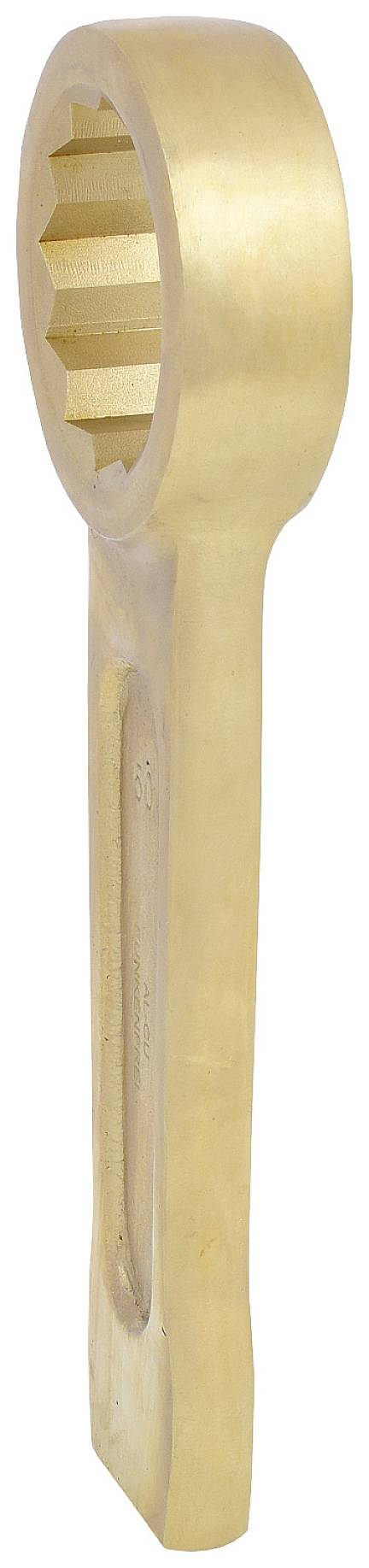 A large golden spanner with a round, toothed head. Shown in a side view against a white background.