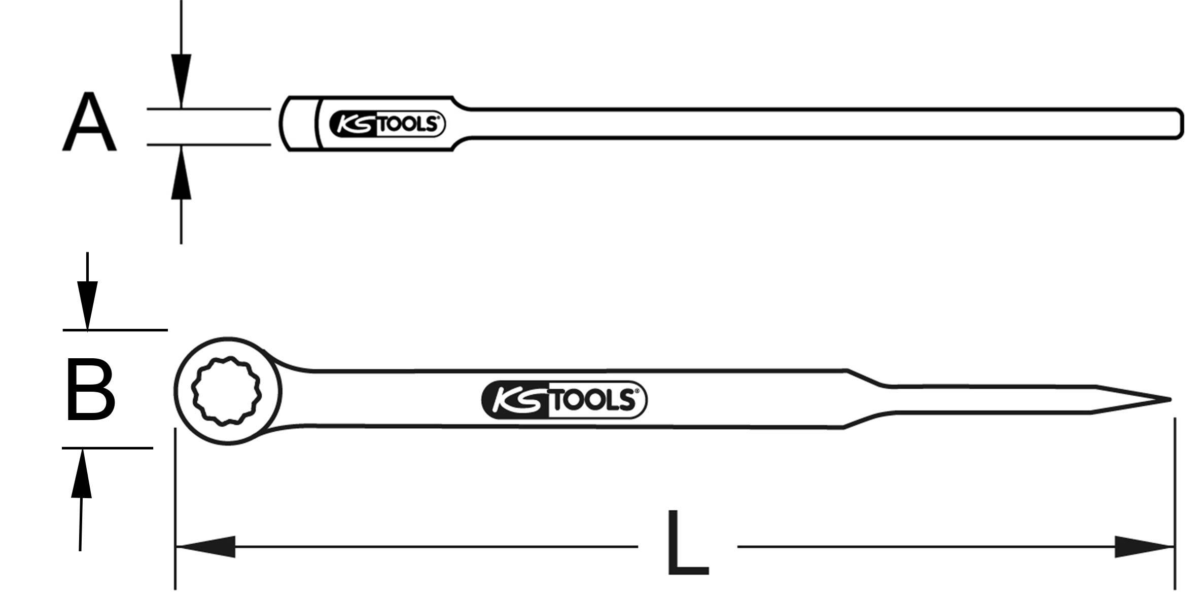 Two views of a tool: Top side marked with keyhole (A), bottom side with length indication (L) and ring wrench head.