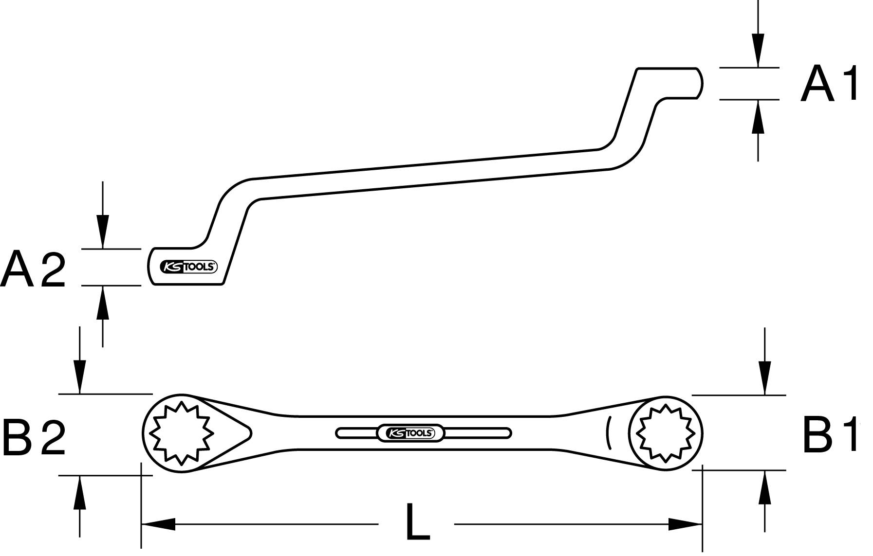 'Image of a ratchet ring spanner by KS Tools. Shows dimensions A1, A2, B1, B2 and length L of the tool parts.'