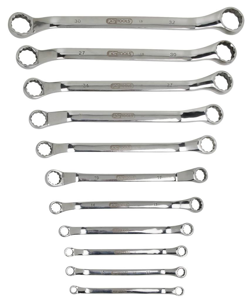 Eight chrome-plated ring spanners in various sizes, arranged from small to large.