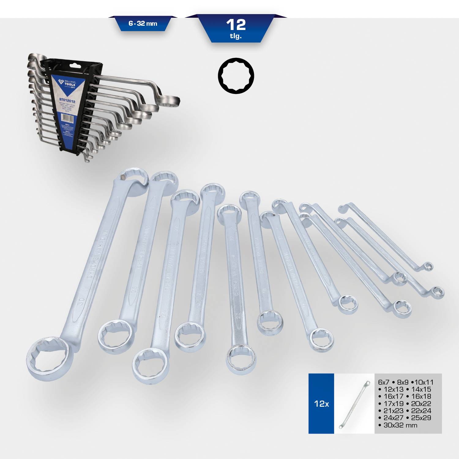 Twelve-piece ring spanner set in various sizes from 6 to 32 mm, arranged with label showing additional details.