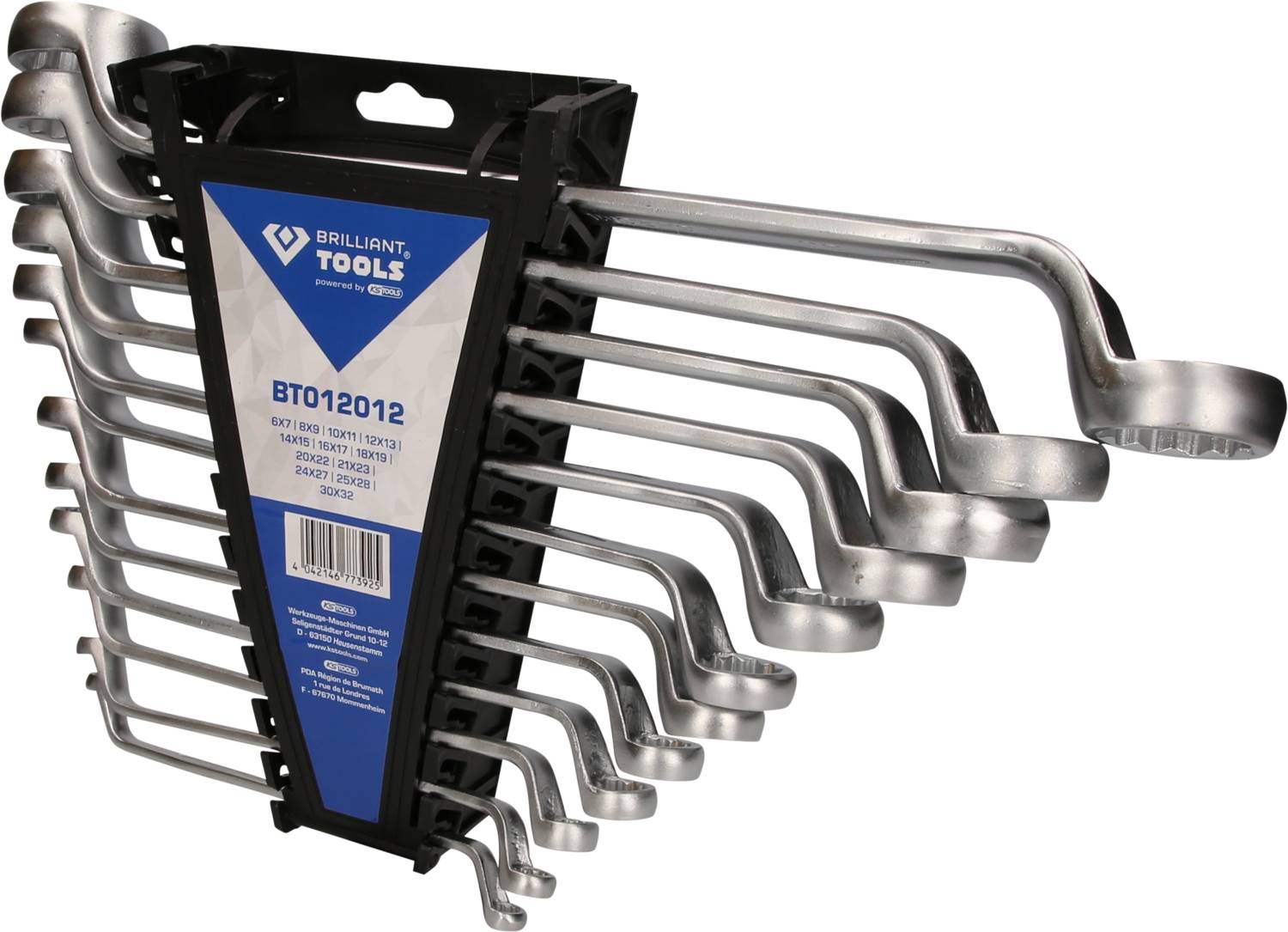 'Set of curved spanners in ascending size on a holder, brand Brilliant Tools.'