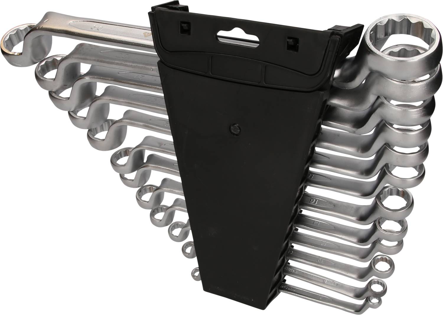 A set of chrome-plated ring spanners in various sizes, neatly arranged in a black holder.
