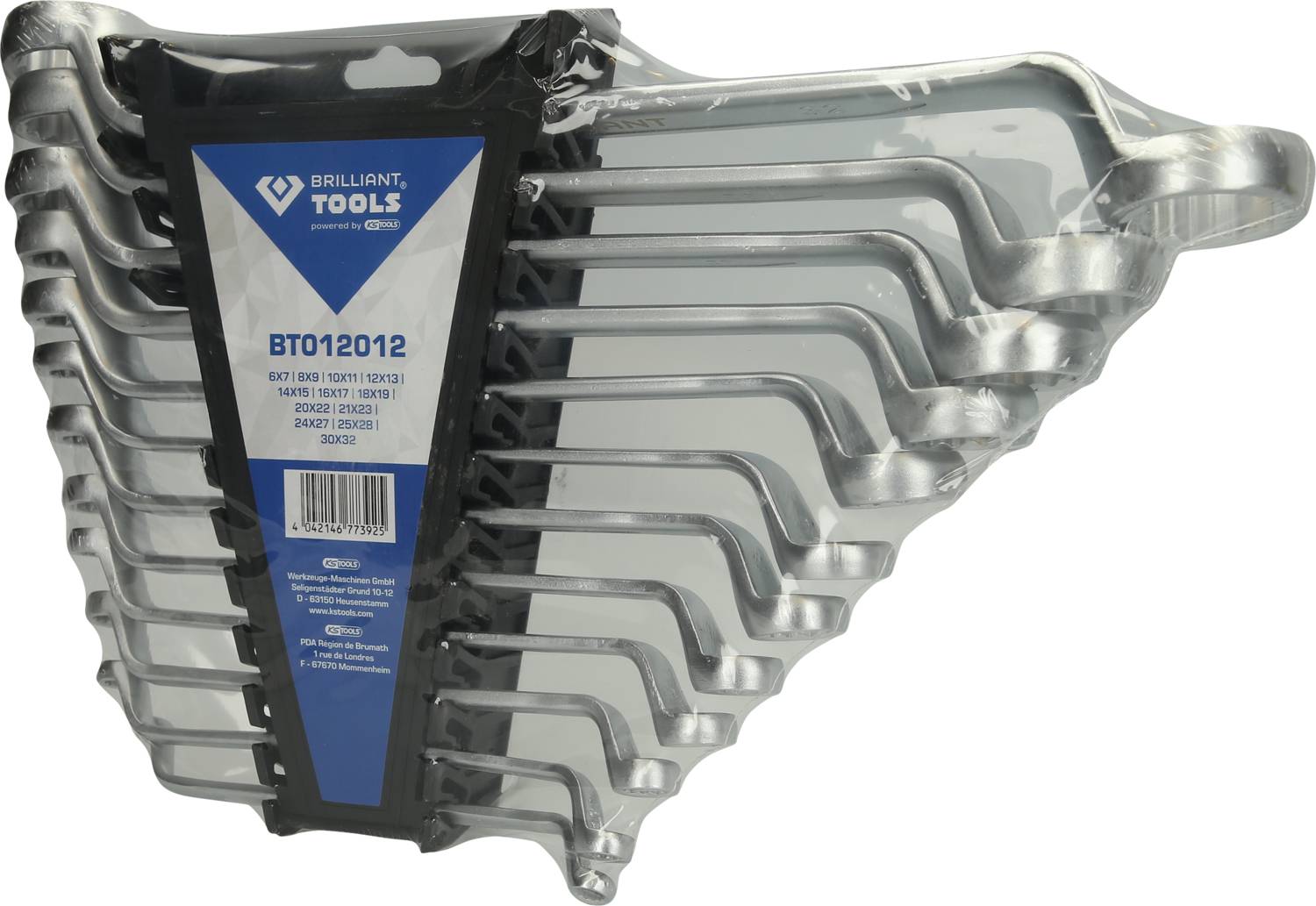 A set of nine open ring spanners made of metal, arranged from small to large, with a label in the centre of the image.