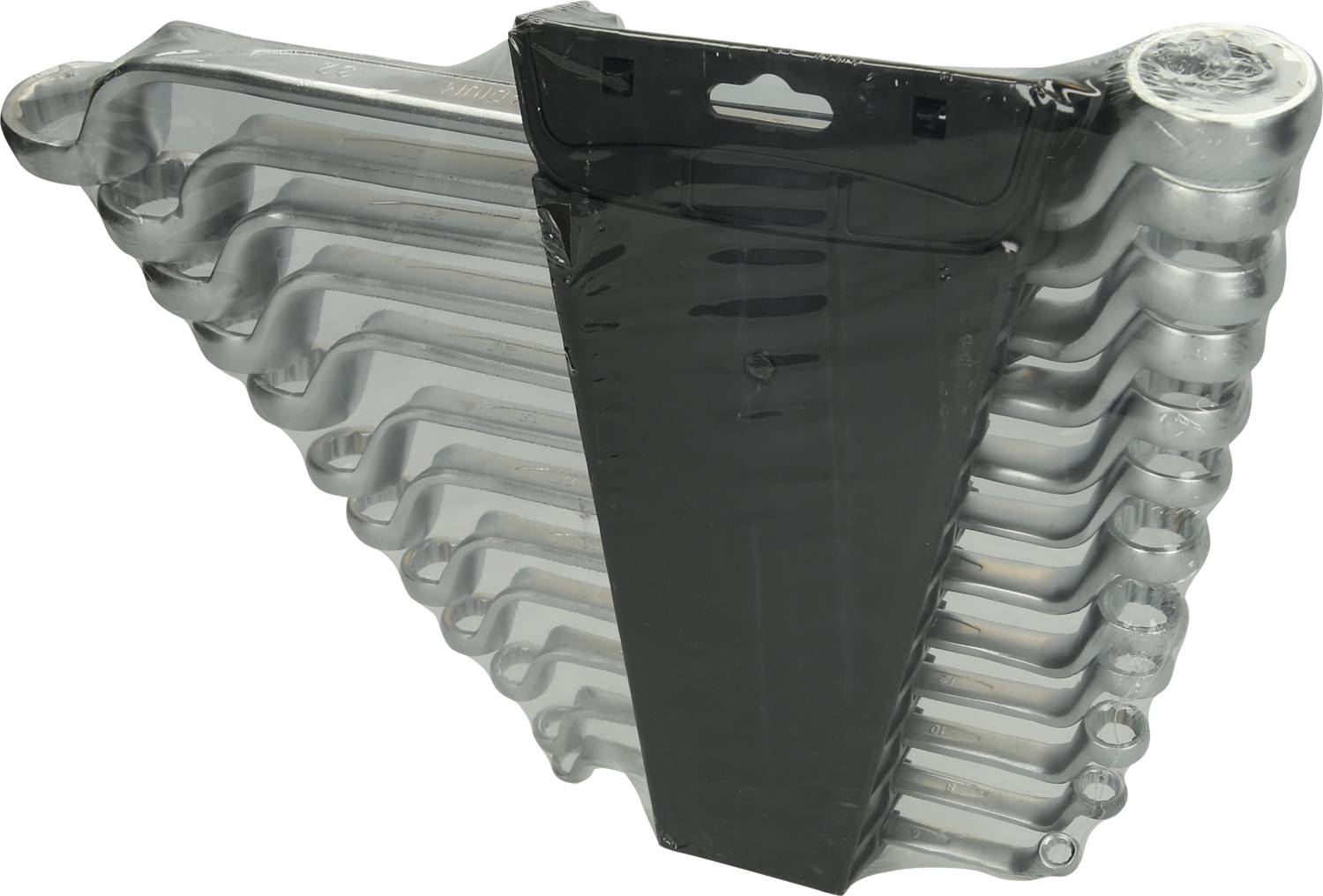 A set of ten open-ended spanners in various sizes, stacked and packaged in a black holder.