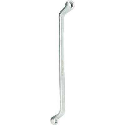 A silver ring spanner with two open ends bent in opposite directions.