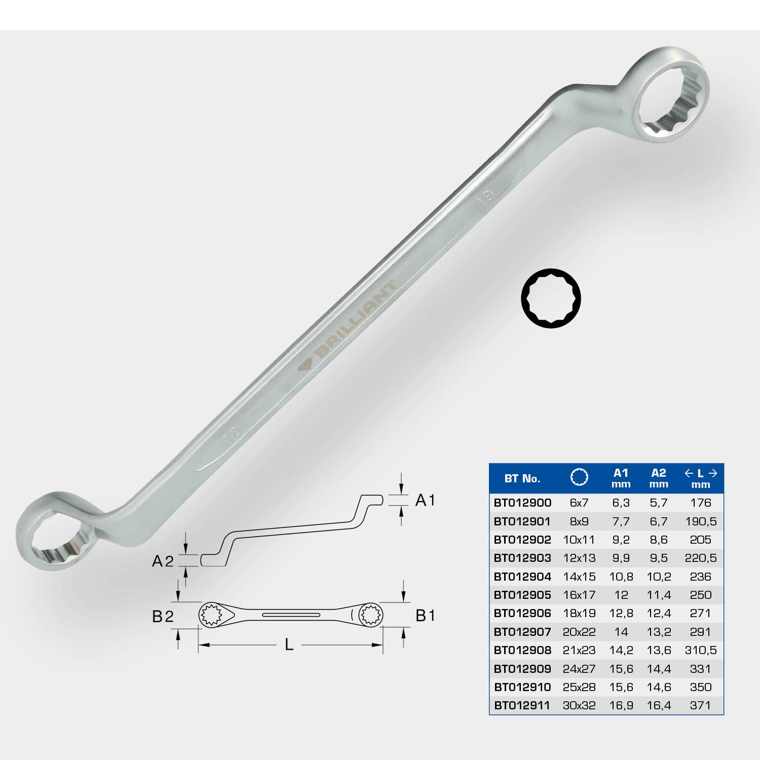 A ring spanner with oval ends lies crosswise. Below is a table with model numbers and dimensions.