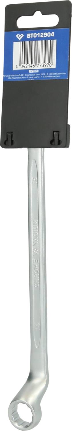 A chrome-plated spanner with its holder. A blue label with a barcode is positioned at the top.