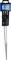 A silver metal skewer with a black holder, featuring three rows of holes, hangs vertically on a blue packaging.