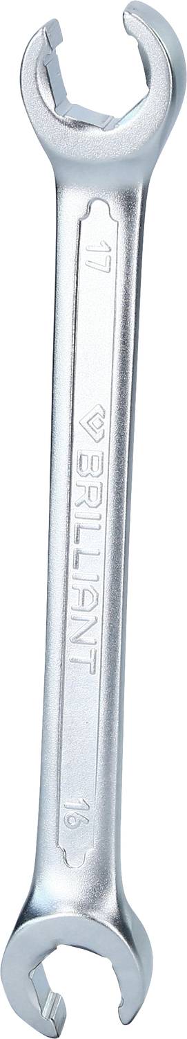 A silver spanner with an open-ended design. 'Brilliant' is printed on the surface, along with the size marking '17'.