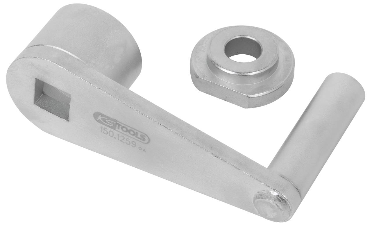 Metallic assembly tool set with lever arm and ring component, used for adjusting track rods.
