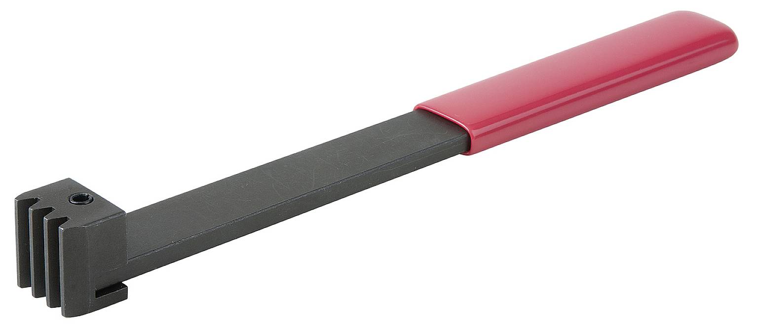 A black tool with a red handle that looks like a hook spanner.