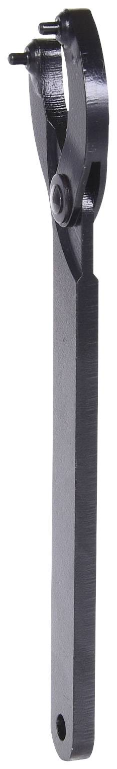 A black hook spanner with a round head and long handle, used for loosening or tightening round nuts or threaded fasteners.