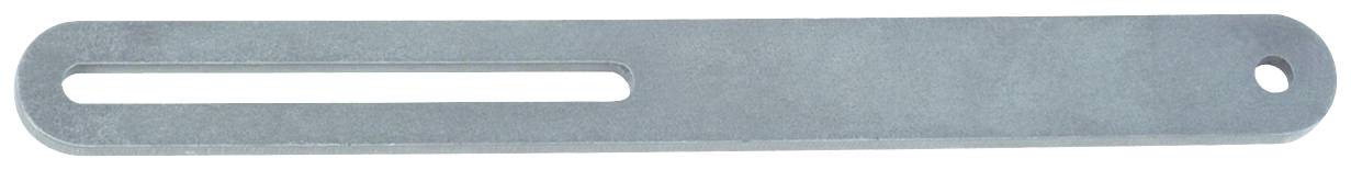 A long, rectangular metal piece with a slot-shaped hole on one side and a hole at the opposite end.