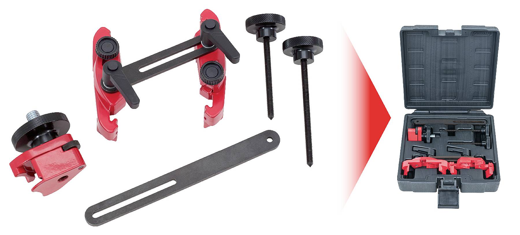 Tool set for camshaft locking, consisting of red holders, black pins and a plastic carrying case.