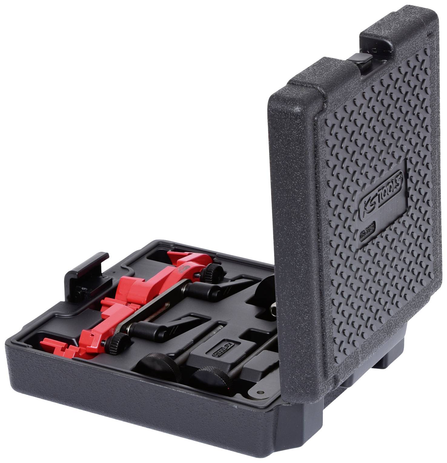 An open black tool case with red and black tools inside. The case has a textured surface.