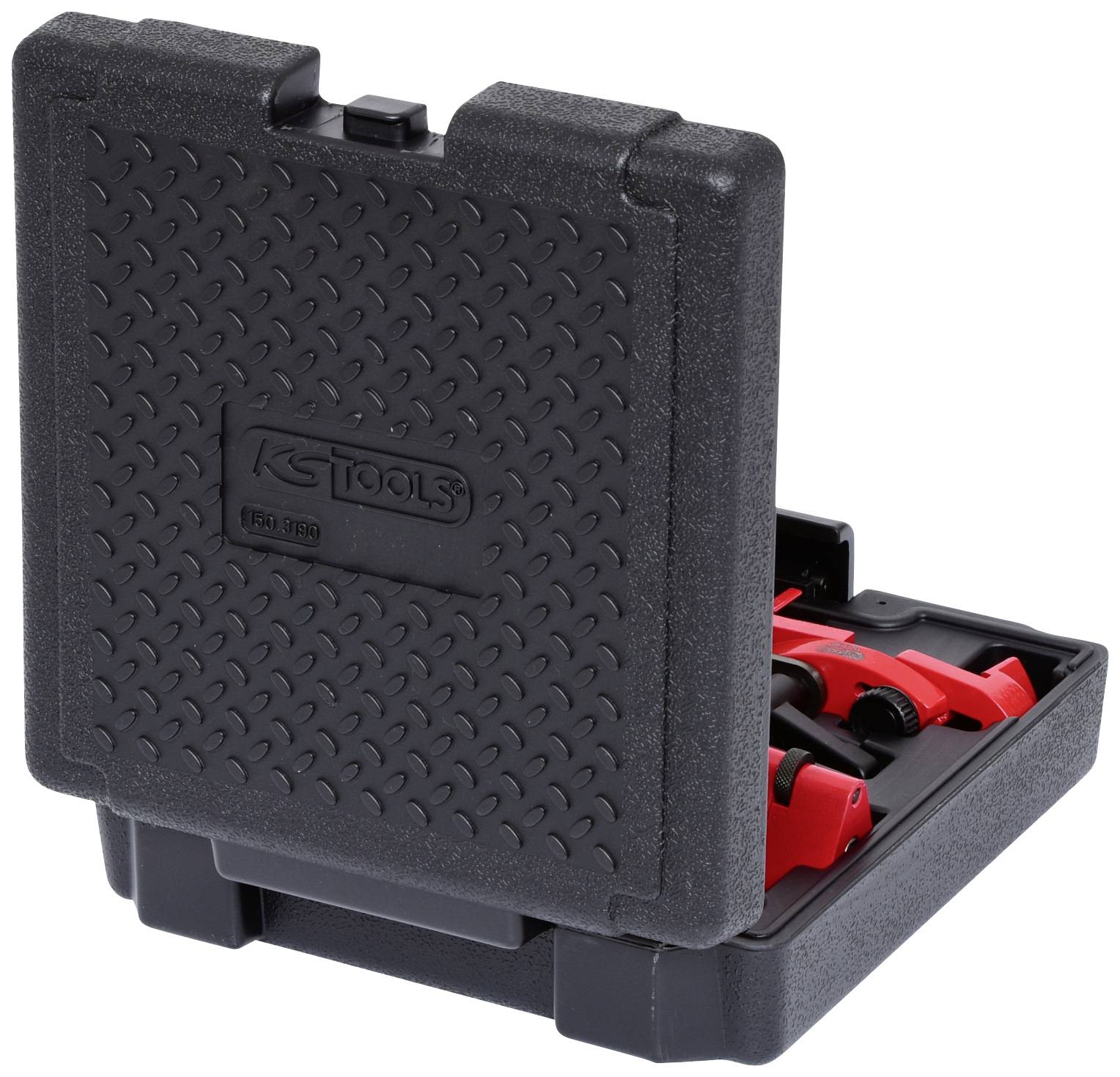 A black tool case with red interior, partially open, reveals a neatly organised set of tools.