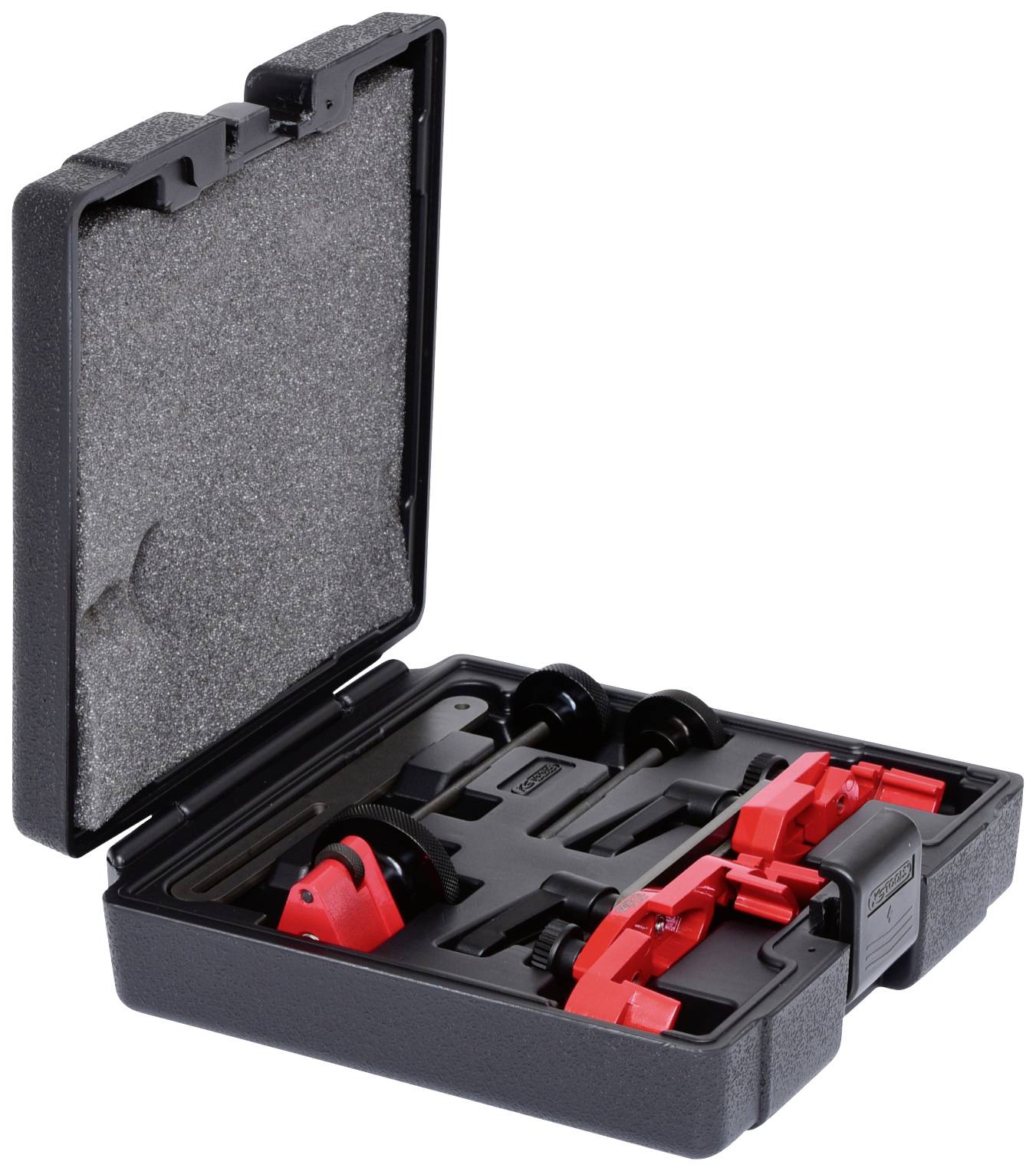 Open black hard-shell case with red and black brake caliper tool set for vehicle brake system maintenance.