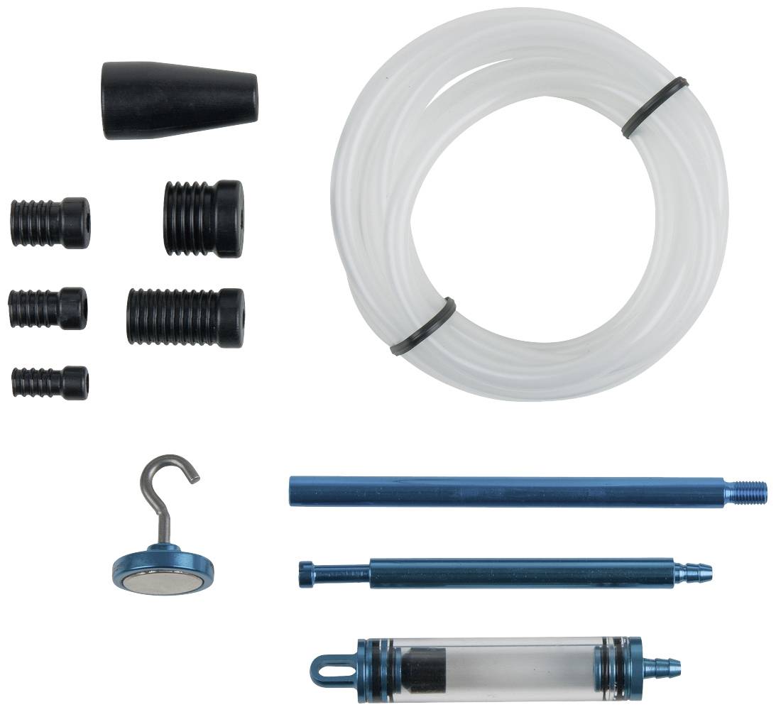 Parts of a water filter system: hoses, black and blue connectors, mounting bracket and transparent filter.