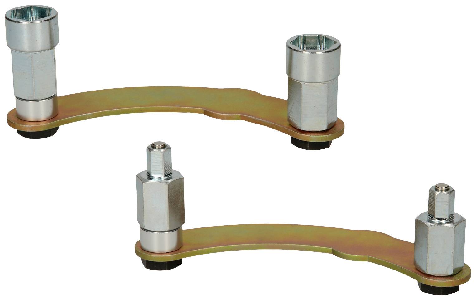 Two metal brackets with silver bolts and screws, on a white background.